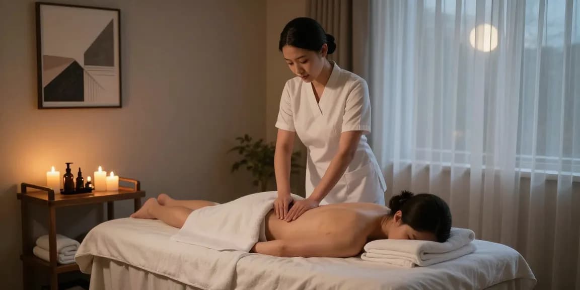 모텔출장안마 providing a peaceful massage experience in a luxurious setting with warm lighting and elegant decor.