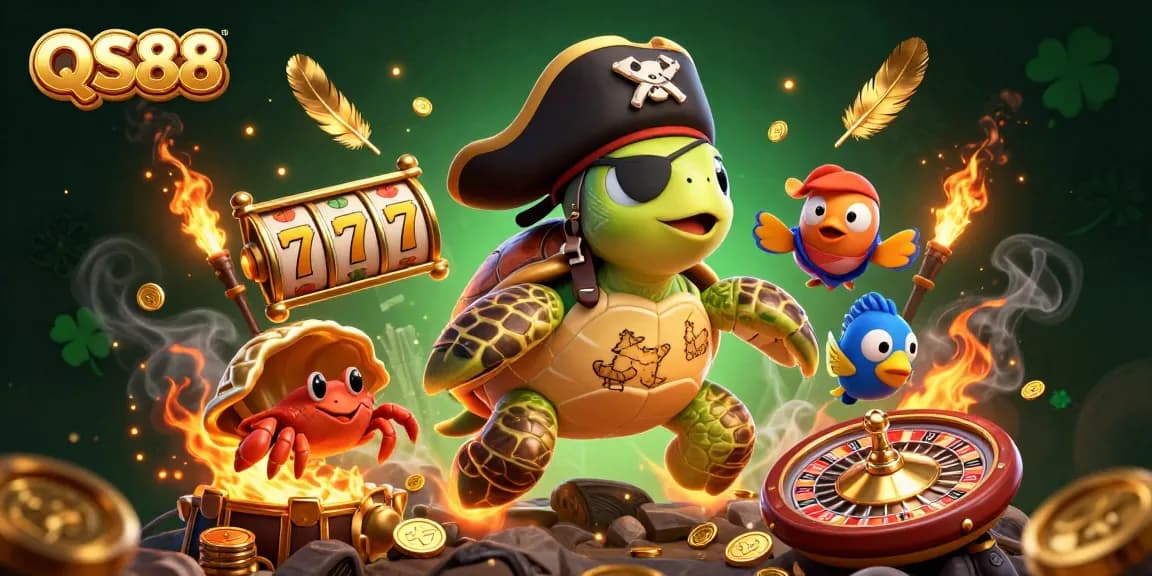 Experience the thrill of QS88 with dynamic 3D casino elements featuring slot reels and pirate-themed characters.