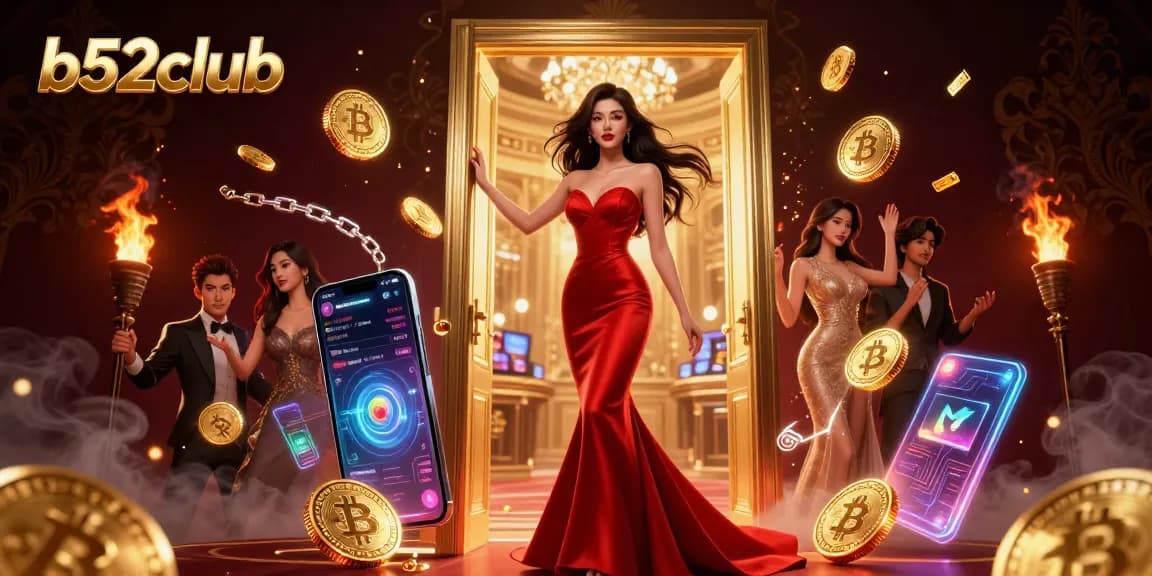 Bidding on winning strategies at b52club with a glamorous host at an elegant casino doorway.