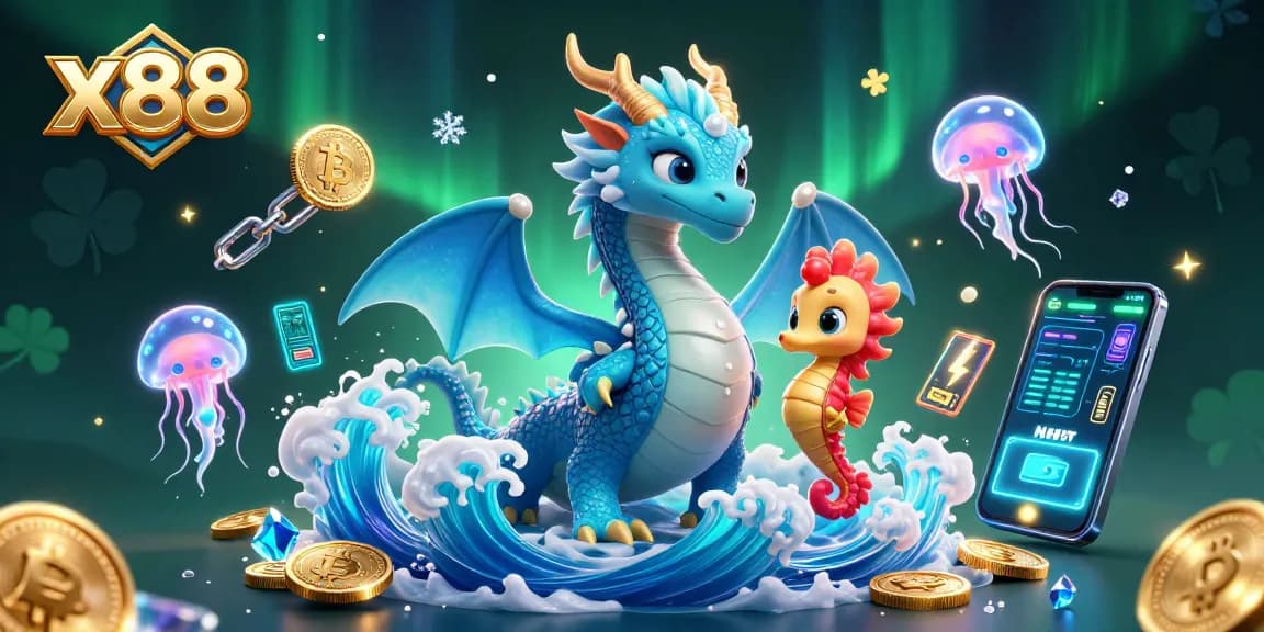 Engage with x88 at this vibrant underwater casino scene featuring magical characters and glowing crypto elements.
