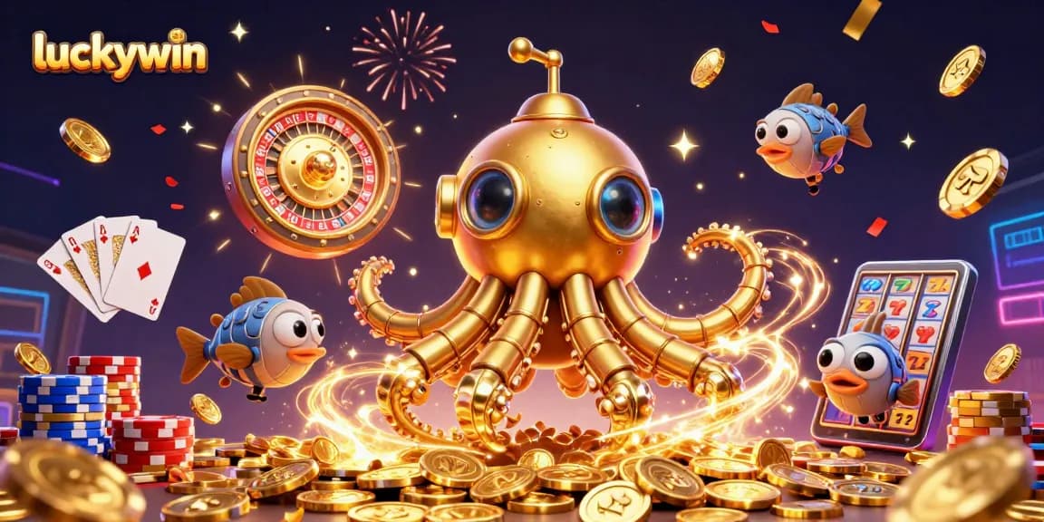 Spin to win at luckywin with a golden kraken submarine and mechanical fish in a casino gem explosion.