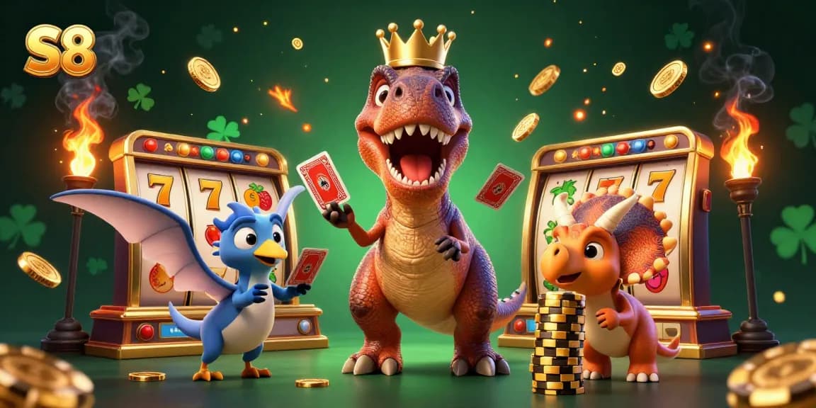 Spin the S8 slot reels with a cartoon dinosaur trio stacking golden chips in this vibrant casino illustration.