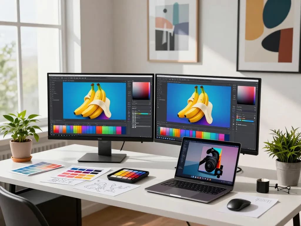 Creative workspace showcasing a graphic designer using nano banana for AI image editing, with dual monitors and a modern aesthetic.