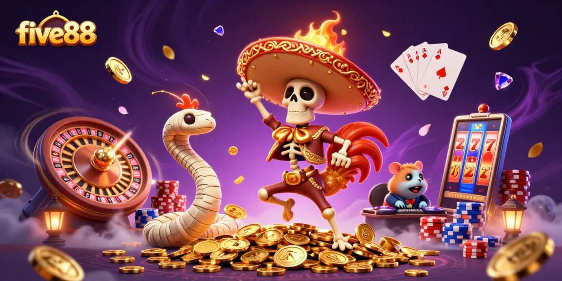 Experience excitement at five88 with festive characters dancing over gold coins in a vibrant casino scene.