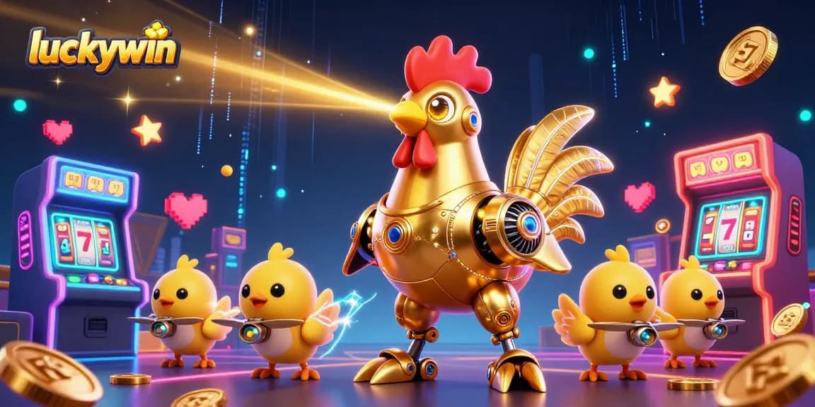 Join the fun at luckywin with a dynamic scene featuring a golden rooster robot amidst vibrant gaming elements!