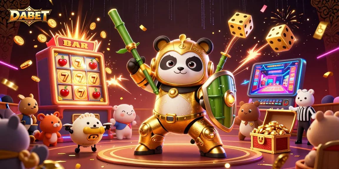 DABET challenges luck with a vibrant gaming scene featuring a golden panda in a mech-suit.