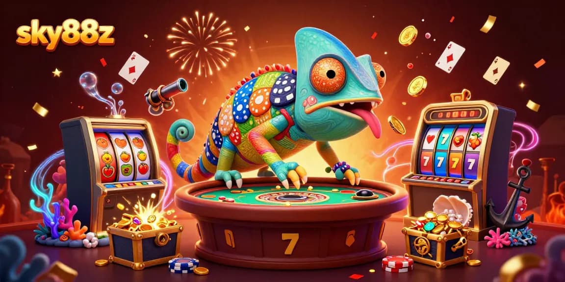 Win big at sky88z with the vibrant 3D chameleon owner amidst explosive jackpot treasures.