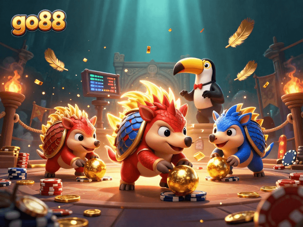 go88 pangolins compete in a vibrant casino scene with poker chips and golden scales amidst an engaging backdrop.