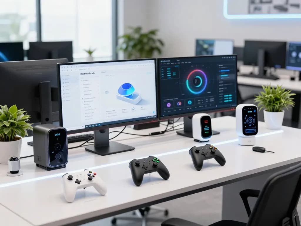 Showcase of the latest tech gadgets 2100 in a modern workspace, featuring Bluetooth devices and smart wearables.