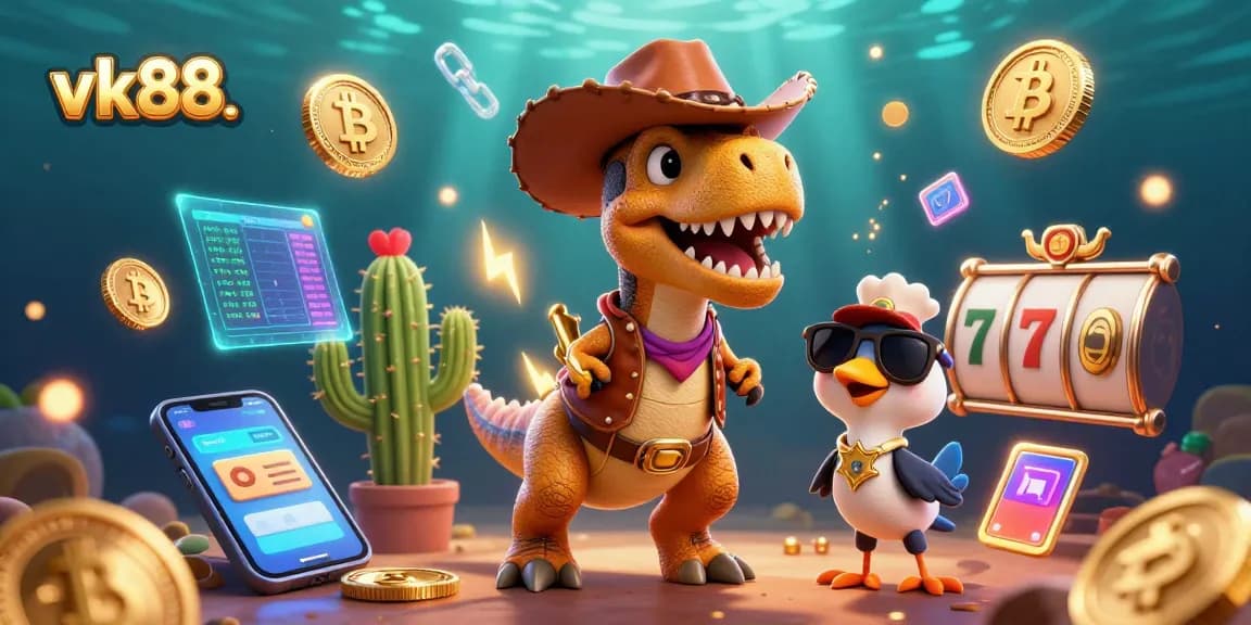 Engage with vk88's thrilling gameplay featuring a cartoon dinosaur amidst cryptocurrencies and slot reels.