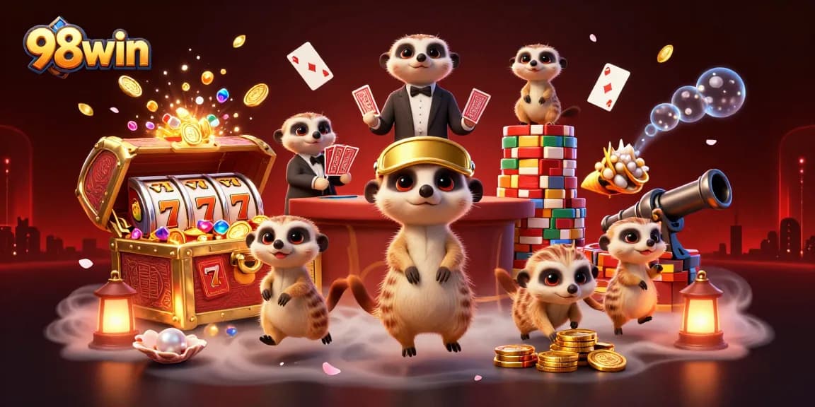 Experience excitement at 98win with a dynamic casino scene featuring meerkats and slot action.