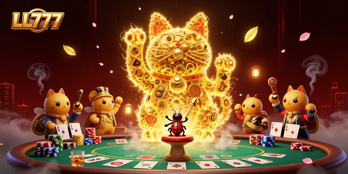 Experience the thrill of gaming at LL777 with dynamic casino symbols and golden lucky cat.