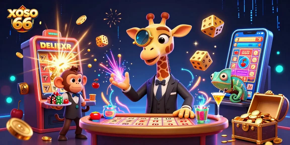 Xoso 66 showcases an animated scene with a high-roller giraffe and flying lottery symbols for an engaging gaming experience.