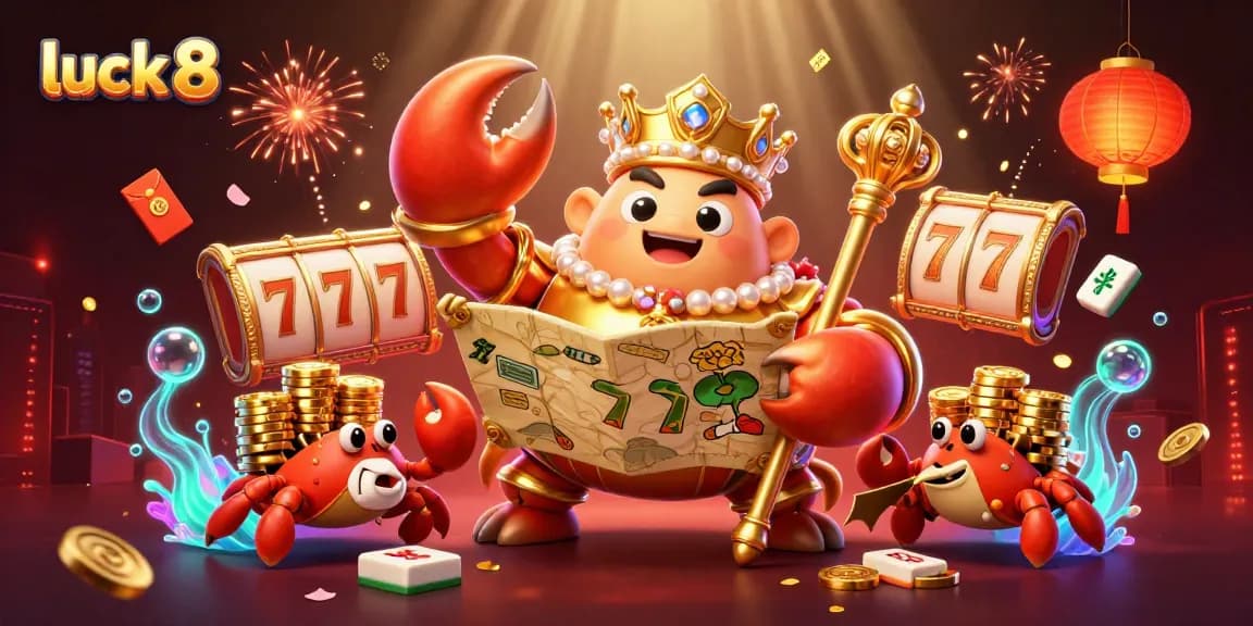 Experience the thrill of luck 8 with a golden crab emperor amidst celebratory casino elements.