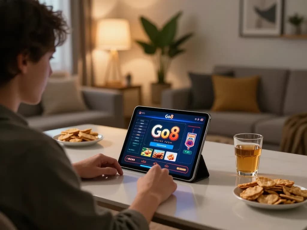Player enjoying Go8 online casino on tablet in a cozy living room