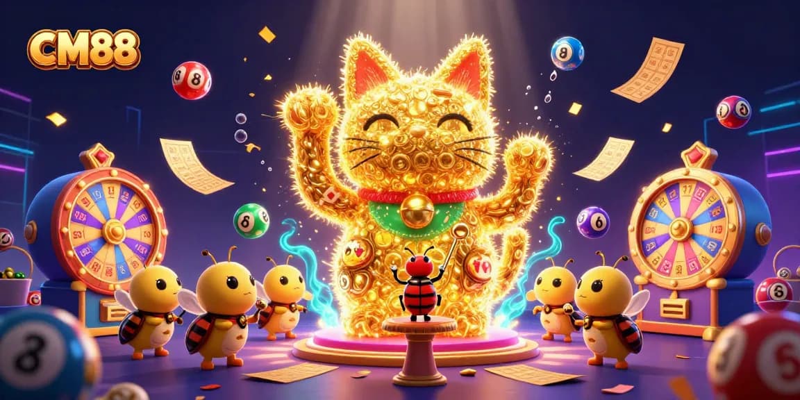 Play exciting casino games with CM88's vibrant lucky cat illustration featuring engaging lottery themes.