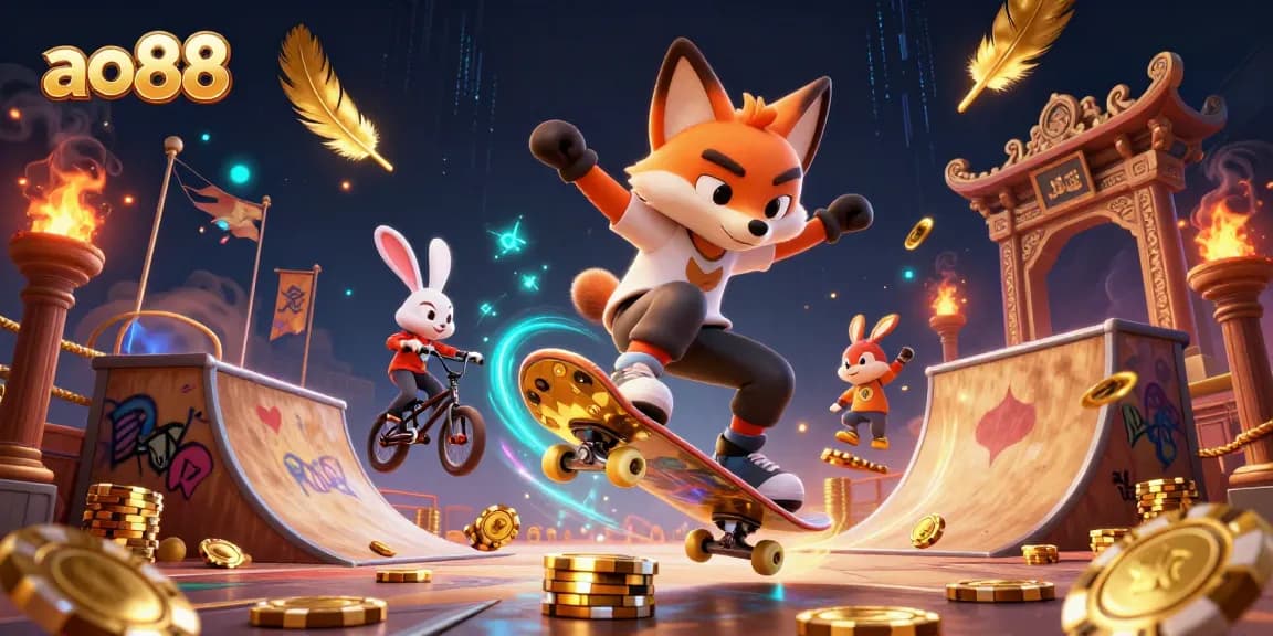 Experience exciting gaming at AO88 with vibrant casino illustrations featuring action-packed characters.