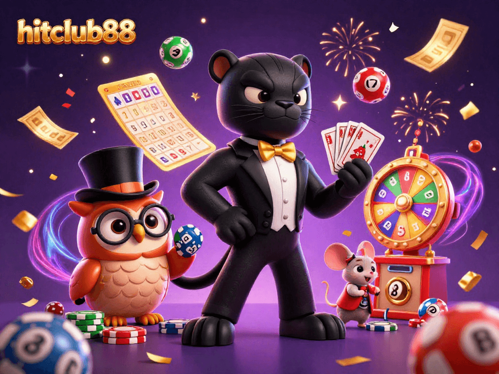 Experience impactful wins on hitclub88 with a stylish panther dealing cards amidst dynamic casino elements