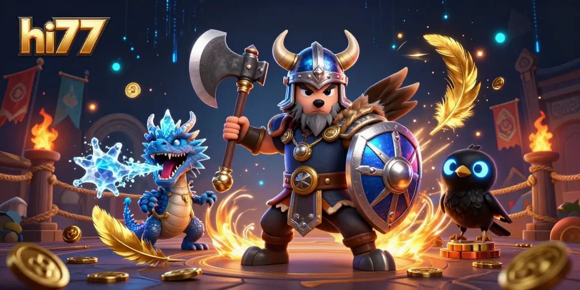 hi77 players engage with Viking warriors and dragons in a thrilling 3D casino scene.