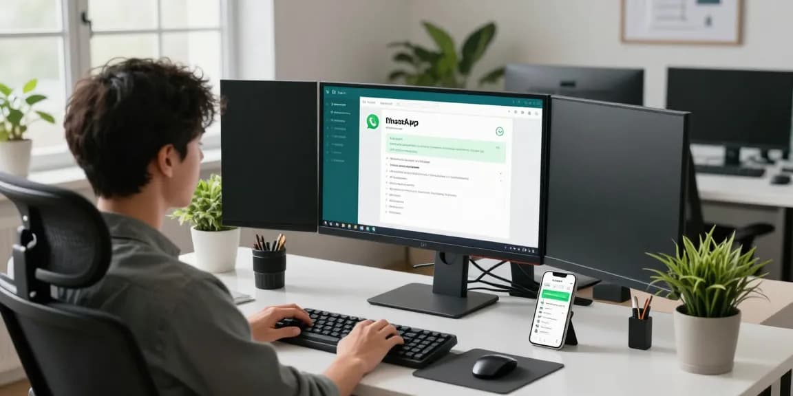 Using WhatsApp電腦版 in a modern workspace with dual monitors and a smartphone.