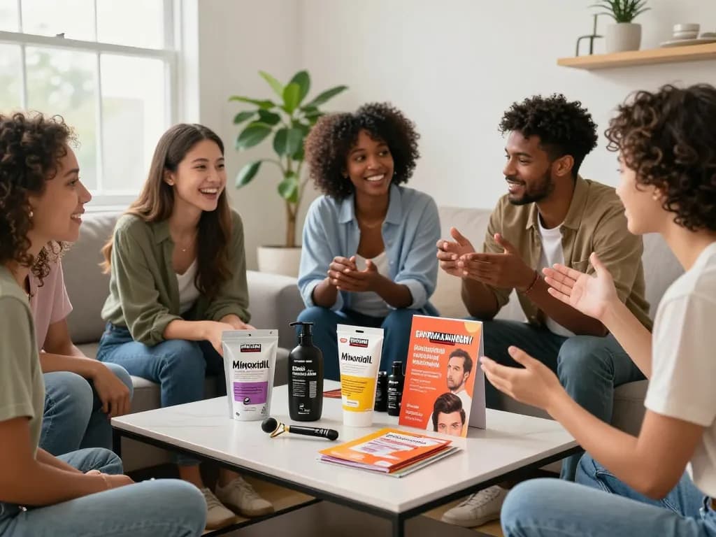 Kirkland Minoxidil UK products showcased in a cozy living room with friends discussing effective hair care solutions.