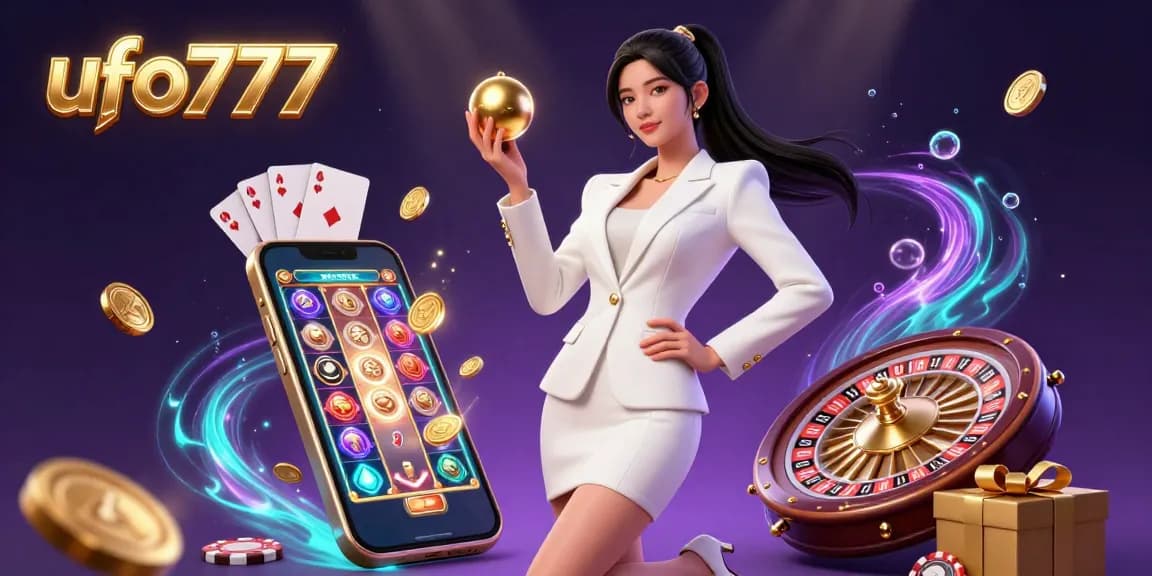 Play games on ufo777 with a glamorous Asian woman, vibrant casino elements, and golden media.