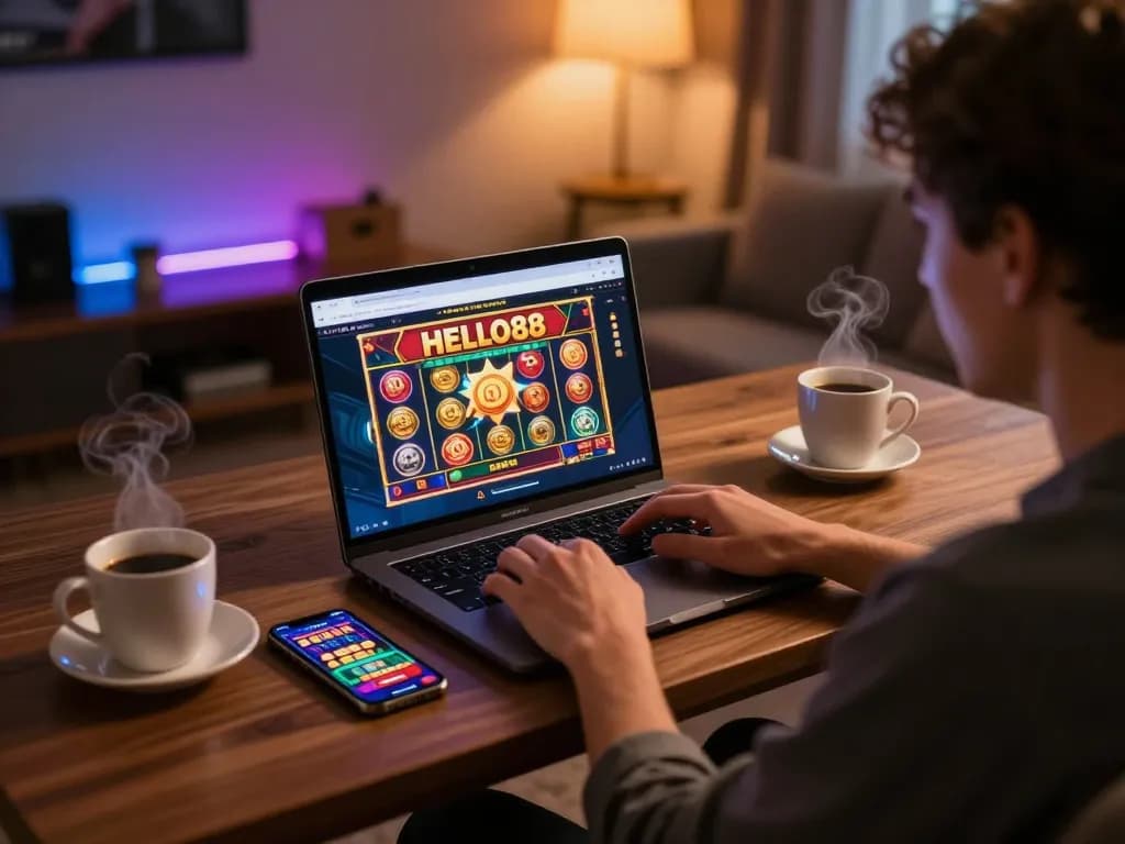 Engaging gameplay on HELLO88 as player enjoys online slots from the comfort of home.