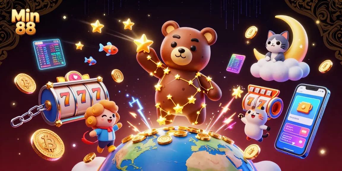 Experience Min 88's thrilling jackpot gameplay with vibrant slot reels and celestial characters.