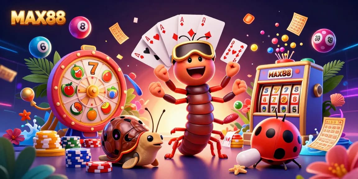MAX88 showcases a vibrant casino scene with colorful characters and game elements, including playing cards and lottery balls.