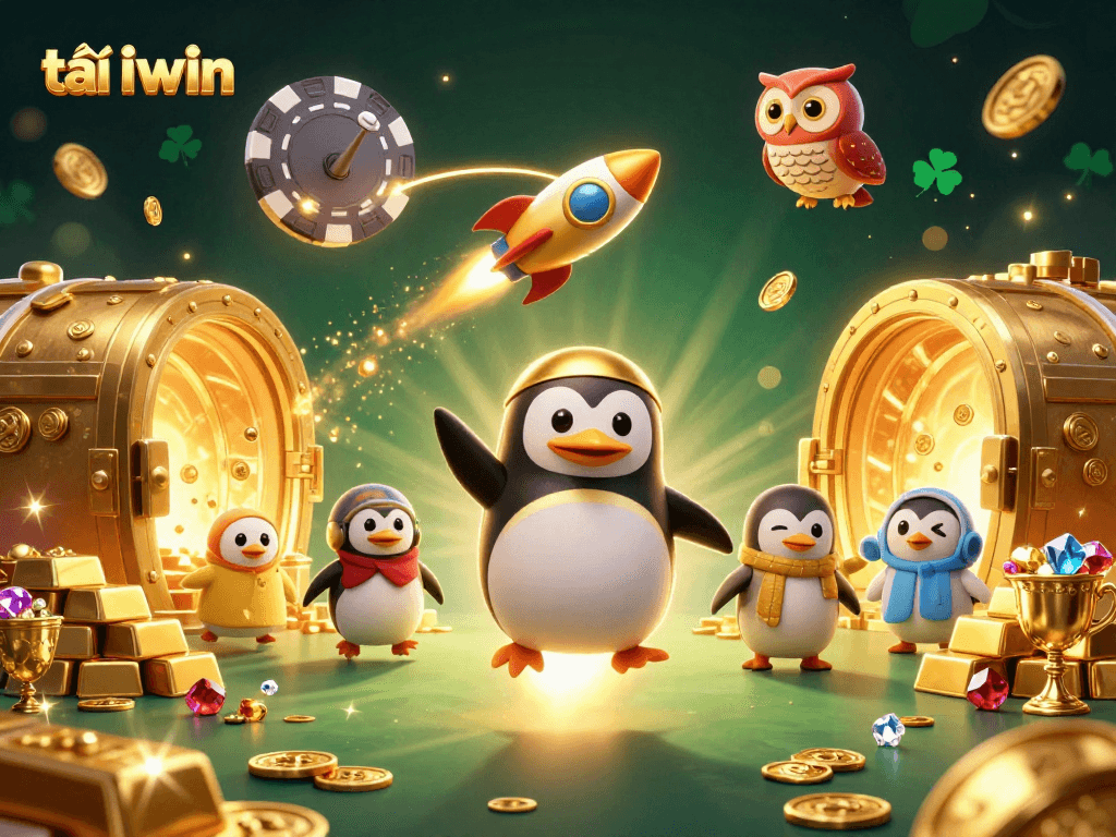 Experience the thrill of tải iwin with a golden penguin racing to a casino space station.