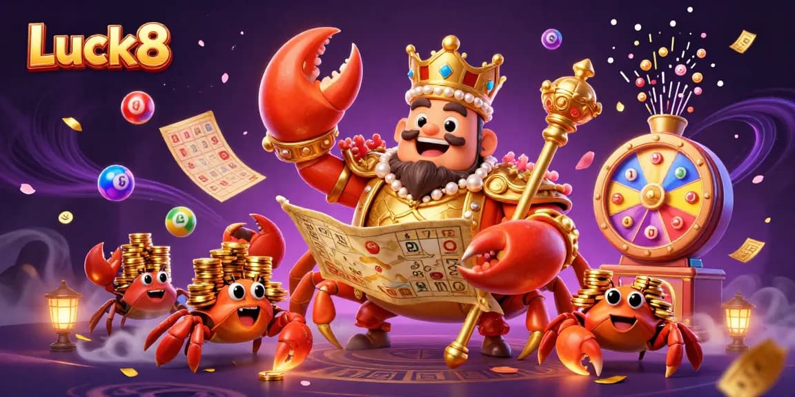 Luck8's dynamic casino scene with a golden crab emperor and vibrant game elements.