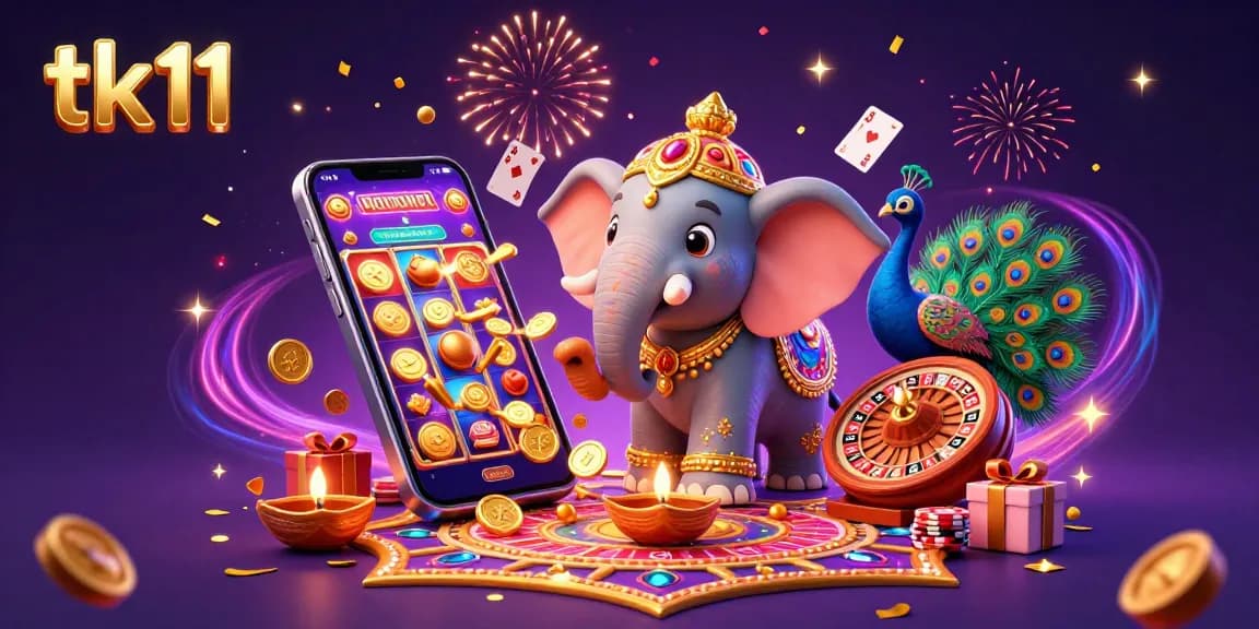 Engage with tk11's vibrant gaming scene, featuring an elephant, peacock, and dynamic slot game elements.