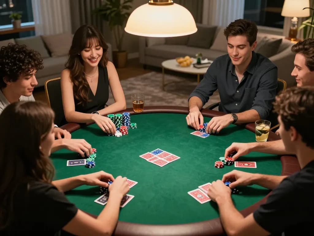 Friends enjoy a lively poker night with 79king as they strategize and play cards together.