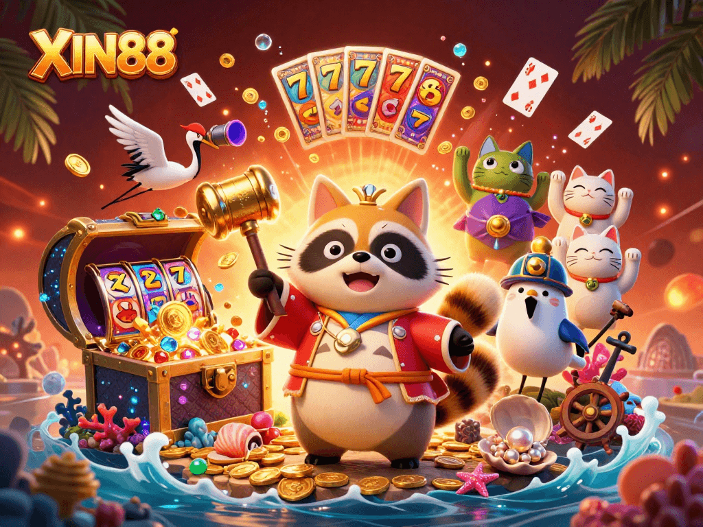 XIN88 brings fortune alive with a vibrant scene featuring lucky tanuki and fortune cats amidst treasure and gaming elements.