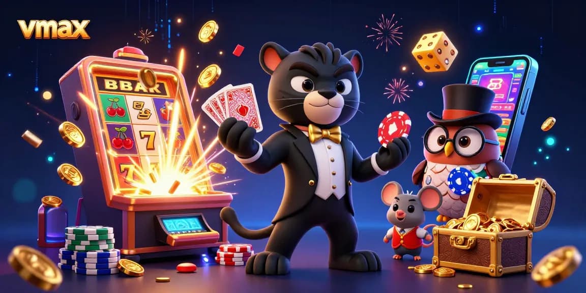 Engage with vmax by witnessing the stylish black panther dealing cards amidst a jackpot explosion in this vibrant casino scene.