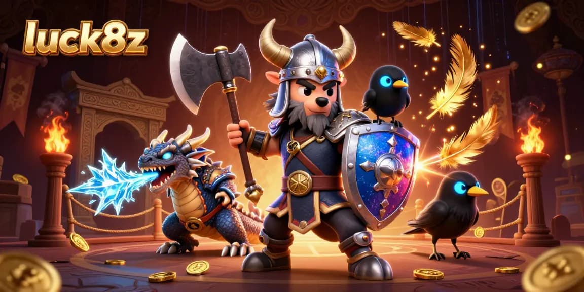 Engage with luck8z's features in this thrilling 3D illustration showcasing a wolf warrior, dragon, and raven amidst a casino battle.