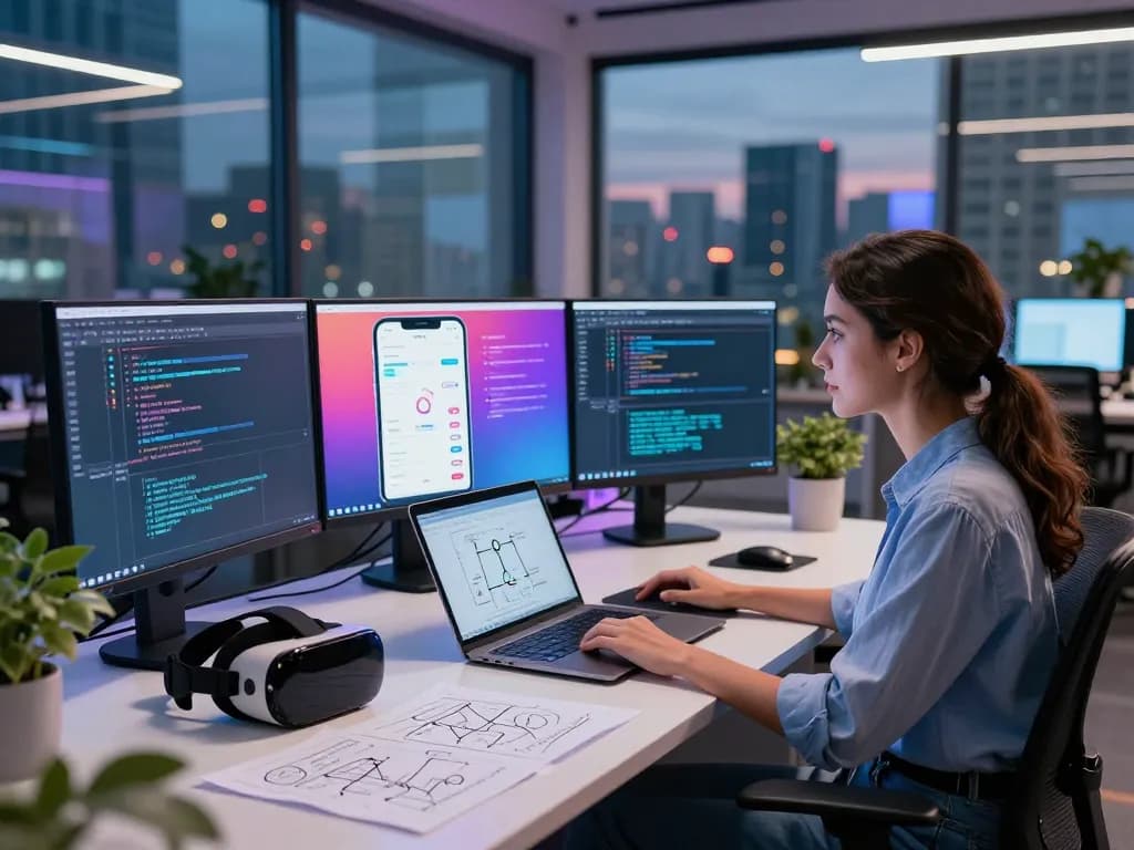 Sex AI development workspace with female engineer coding on screens