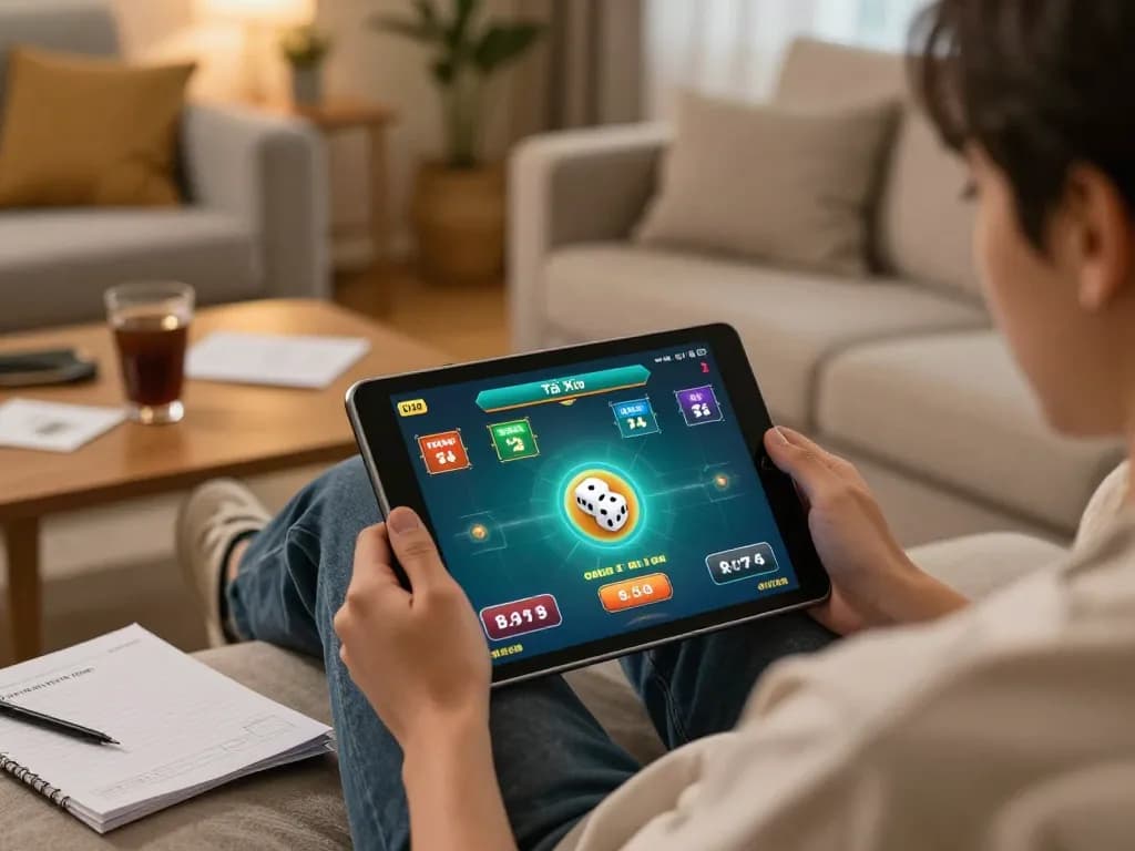 Engaging cozy home scene with a person using app tài xỉu online uy tín on tablet for strategic gameplay and action.
