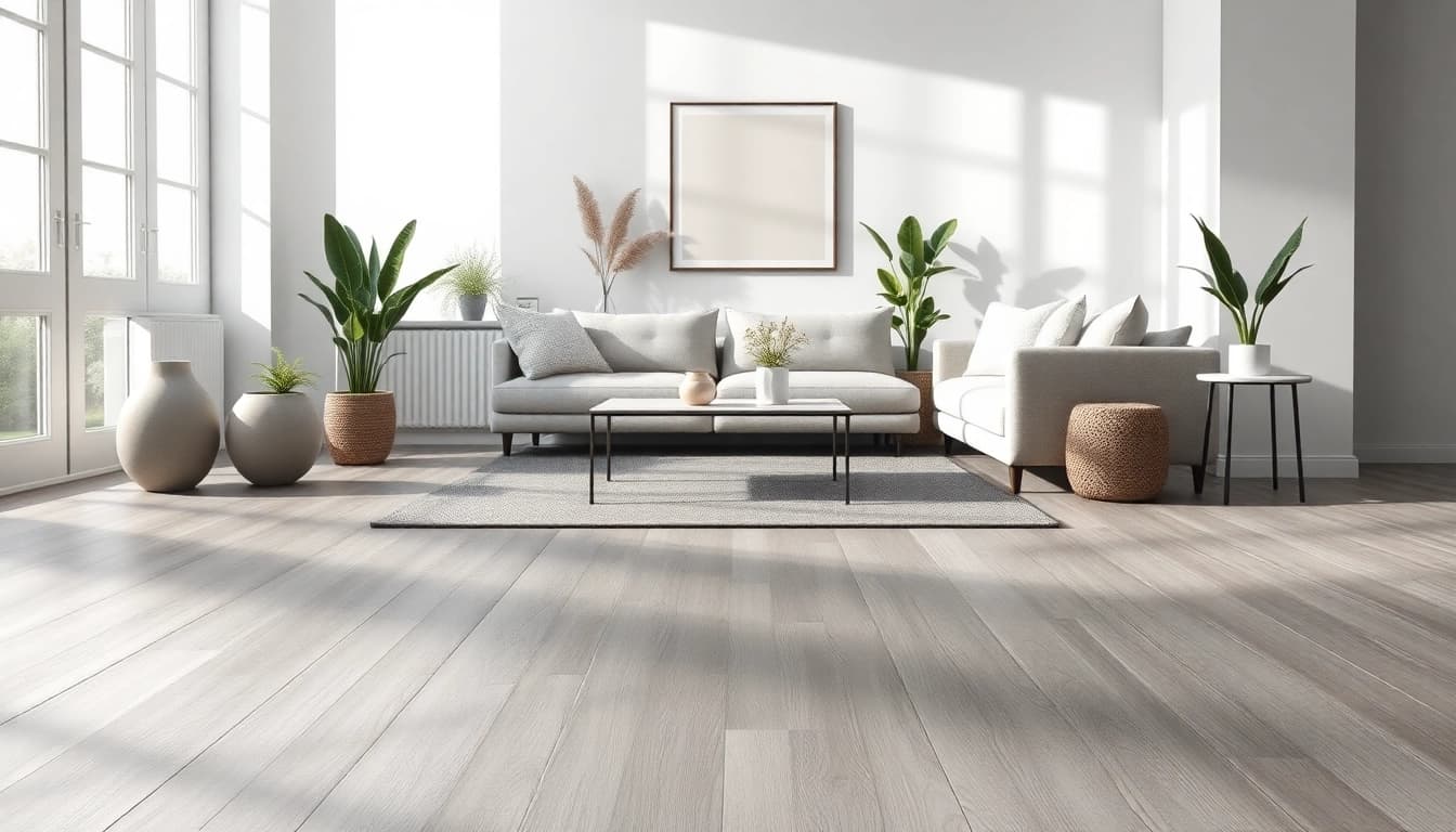 Showcase of vinyl plank flooring in moonlight grey enhancing a modern living space.