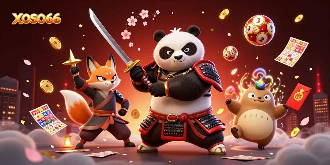 Engage in the excitement of XOSO66 lottery gaming with dynamic characters in a vibrant 3D scene.