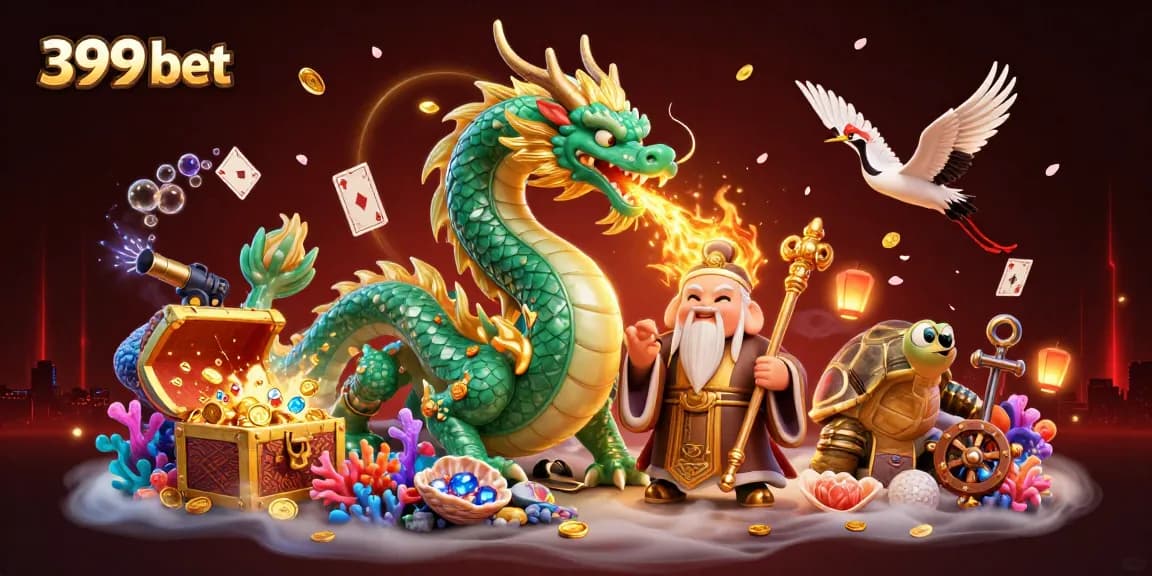 Engaging 399 bet illustration showcasing a jade dragon, turtle sage, and lucky cranes amidst vibrant casino elements.