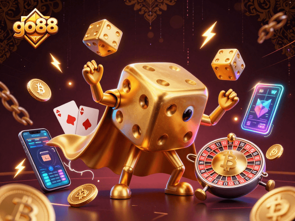 Experience top thrills with go88’s vibrant 3D casino illustration featuring golden dice and crypto icons.