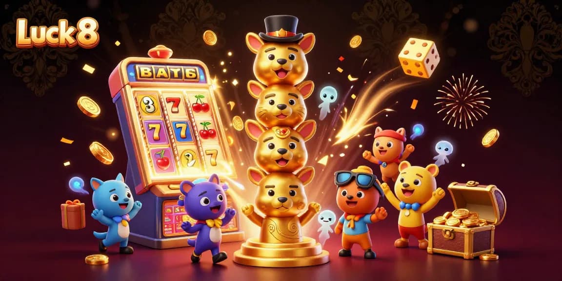 Experience Luck 8's thrilling casino atmosphere with a vibrant 3D scene filled with jackpots and excitement.