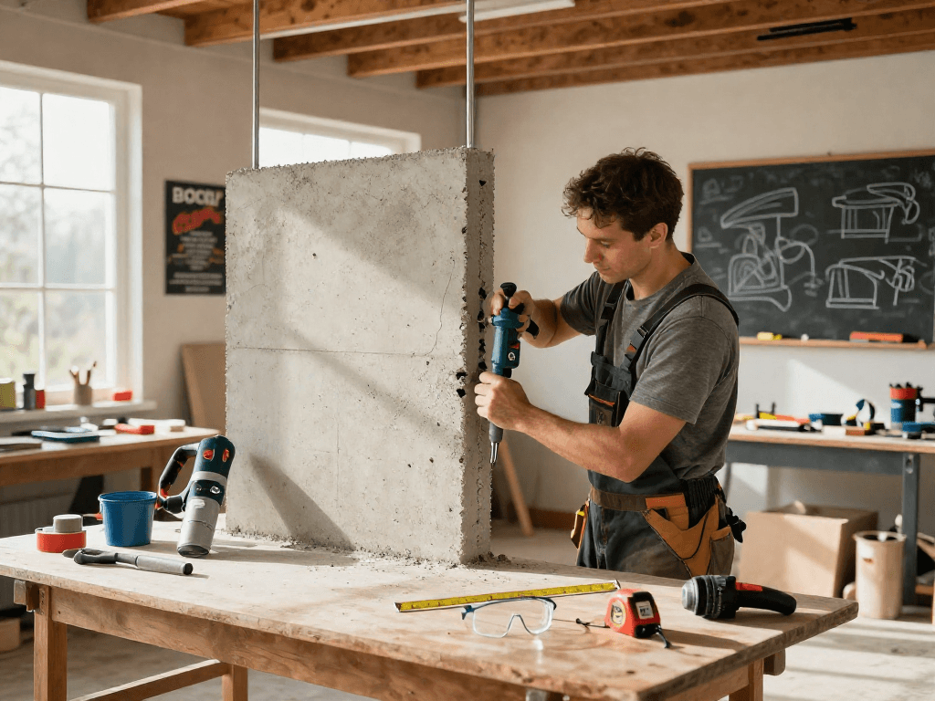 Skilled tradesperson using a Bosch wall chaser in a well-lit workshop, showcasing precision in home improvement
