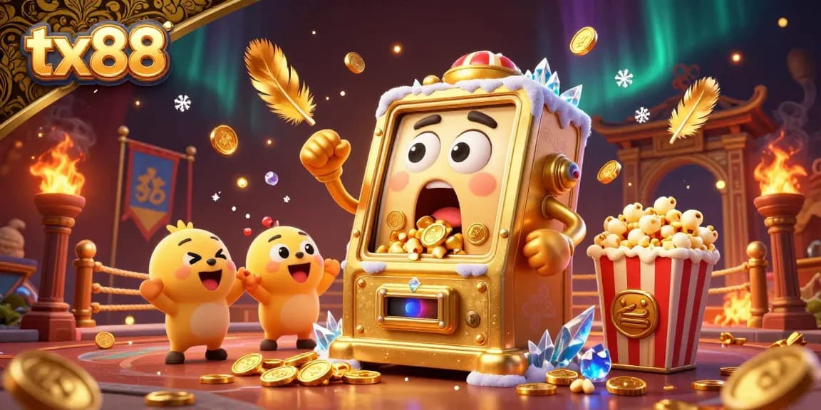Win big with tx88 as the joyful golden slot machine celebrates a jackpot amidst cheering companions and casino elements.