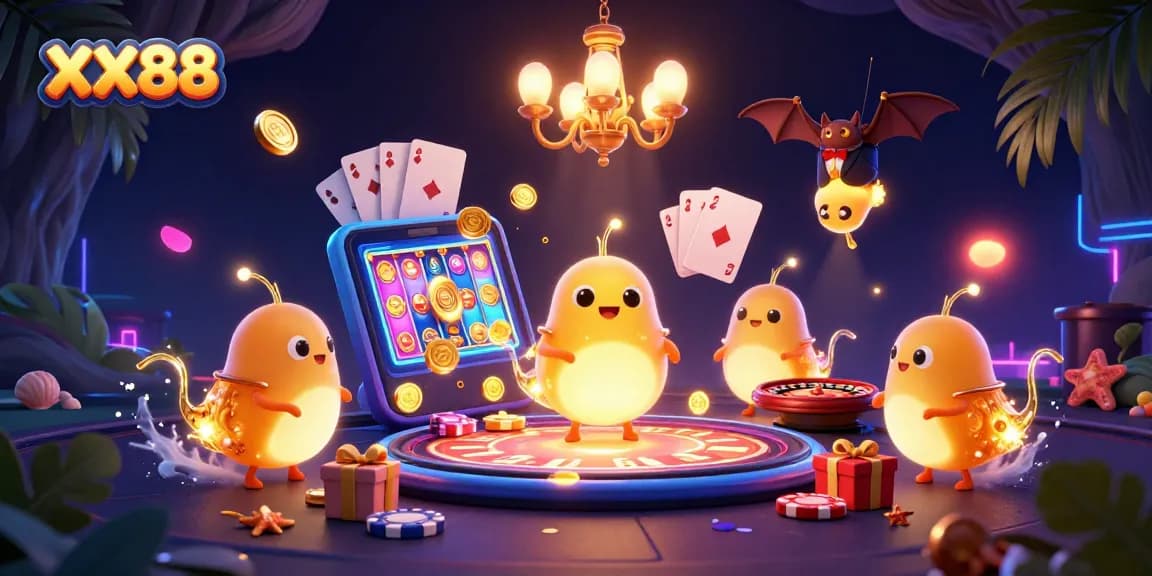 Experience the excitement of winning at XX88 with vibrant 3D glowworms illuminating the casino.