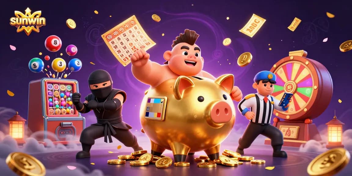 Engage in exciting gaming action at sunwin with a dynamic 3D illustration featuring iconic characters and vibrant elements.
