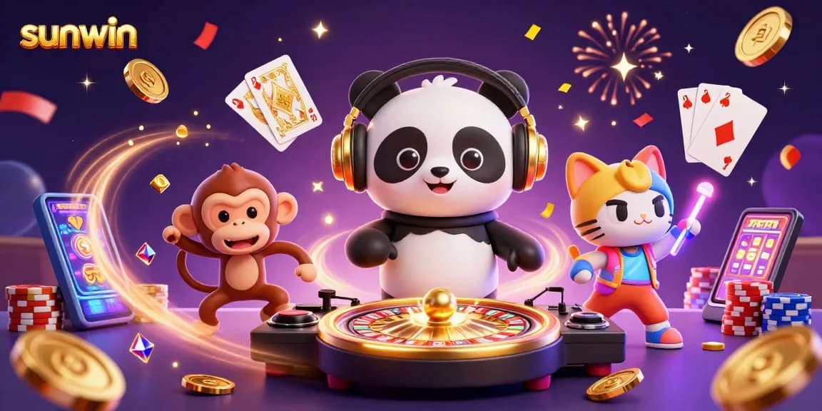 Experience the vibrant energy of sunwin with a festive DJ panda, dancing monkey, and rave kitten in a colorful casino setting.