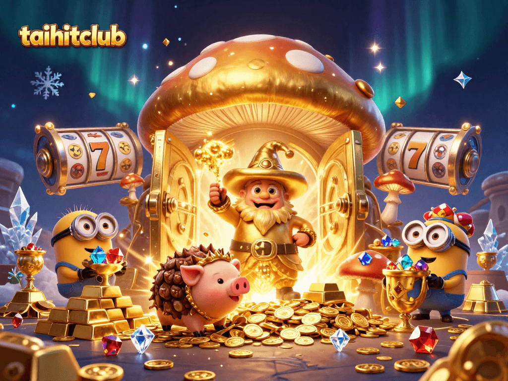 Experience taihitclub's exciting magical scene filled with golden treasures and whimsical characters in a vibrant casino atmosphere.