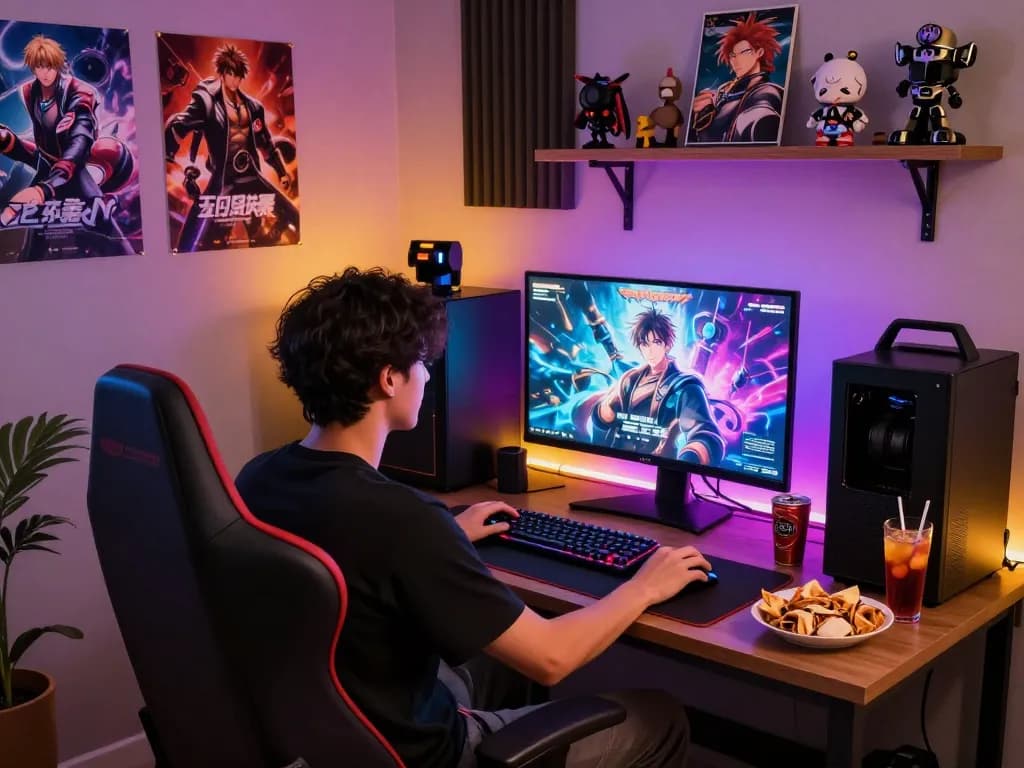 Immersive gaming lounge with person playing lewdspot adult visual novel game on monitor